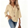 thumbnail image 4 of Hurxie 3/4 Length Sleeve Womens Tops Cotton Linen Shirts V Neck Loose Fit Casual Blouses Early Fall Fashion Clothes Khaki,XXL, 4 of 7