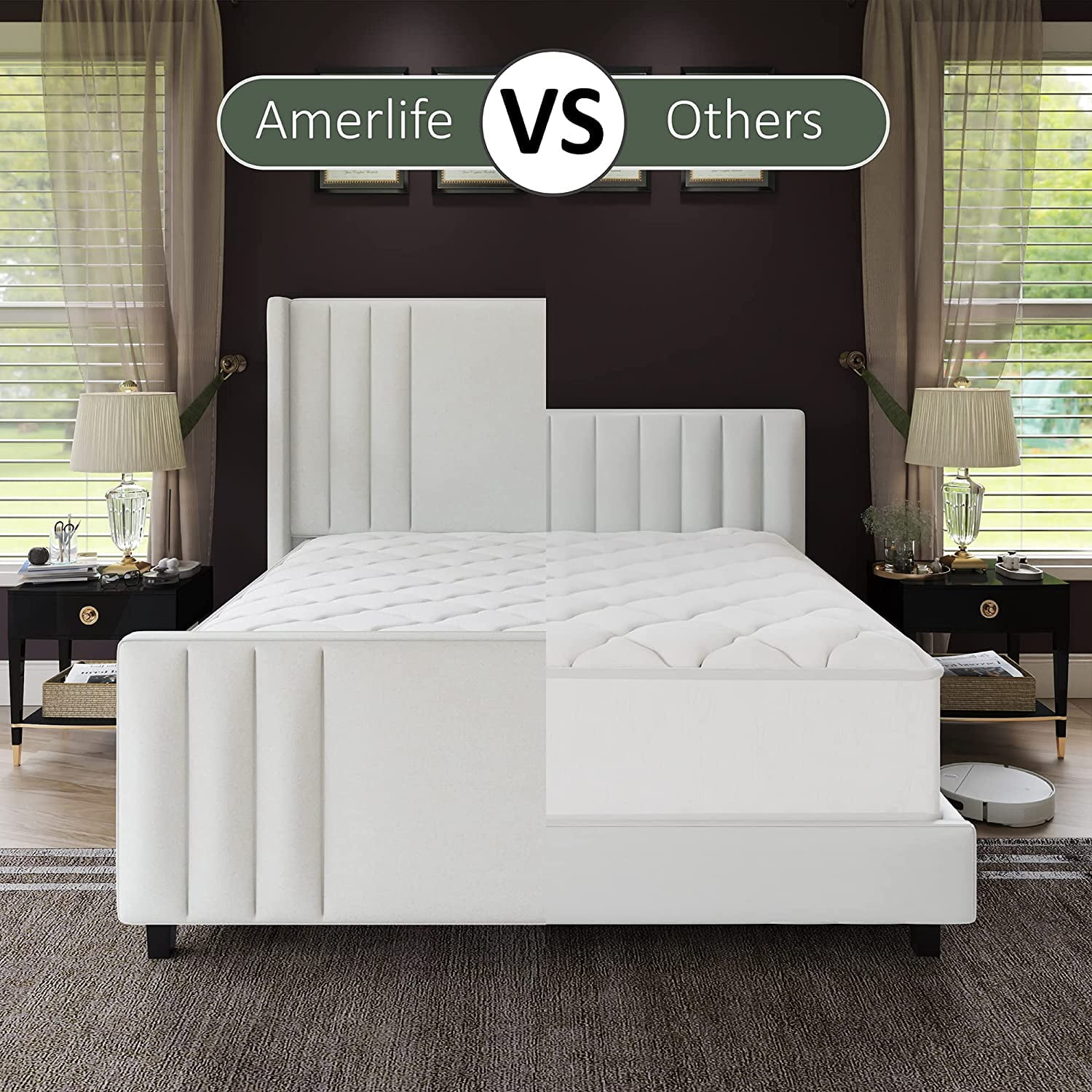 VanAcc Queen Size Bed Frame, Velvet Upholstered Platform Bed with Vertical Channel Tufted Headboard & Footboard/Wingback, with Wood Slats, Cream