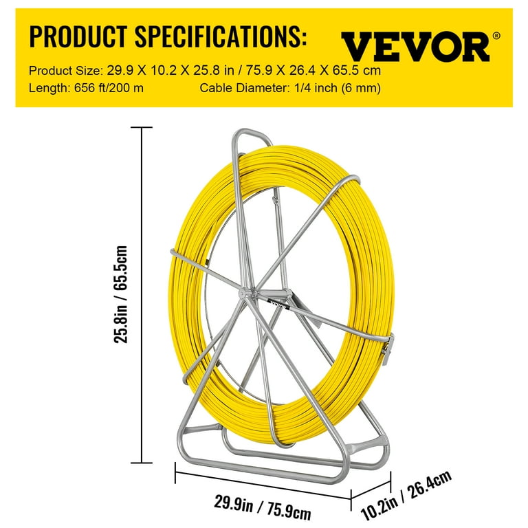 VEVOR Fish Tape Fiberglass 6MM 656ft,Duct Rodder Fish Tape Puller Fiberglass  Wire Cable Running with Cage and Wheel Stand,Durable Steel Reel Stand,Fish  Tape Min Bending Radius 13 inch/330 mm 