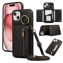 Crossbody Wallet Case for iPhone 13 with Lanyard Strap Card Slot Holder RFID Blocking 360° Ring Kickstand,Magnetic Flip Folio Zipper Purse Case, PU Leather Cover Handbag,Black