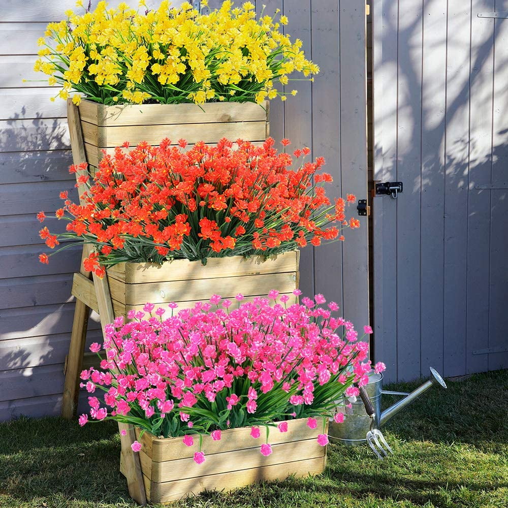 8 Bundles Outdoor Artificial Fake Flowers UV Resistant Shrubs Plants, Faux Plastic Greenery for Indoor Outside Hanging Plants Garden Porch Window Box Home Wedding Farmhouse Decor (Orange Red)
