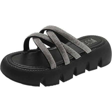 

Women Slippers Fashion Summer New Pattern Fashion Solid Color Rhinestone Decorative Open Toe Round Toe Thick Sole Comfortable Shoes Womens Slippers with Hard Sole (Black 37)