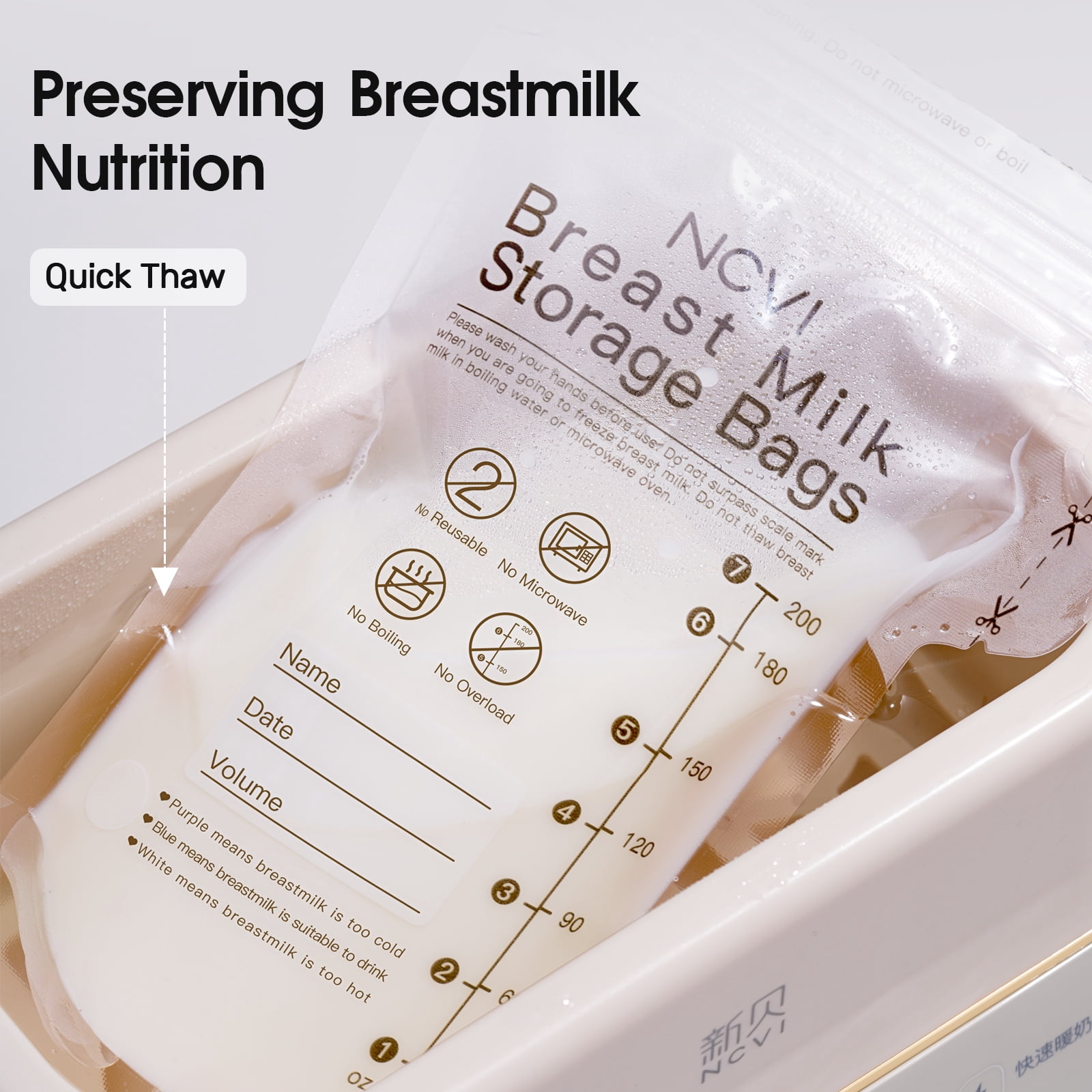 NCVI Breastmilk Storage Bags, Milk Freezer Bags for Long Term Breastfeeding Storage, Temperature Sensor (180 Count)
