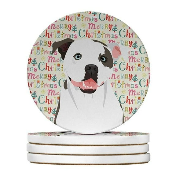 4 x 4 in. Unisex Pit Bull White No.3 Christmas Large Sandstone Coasters - Pack of 4