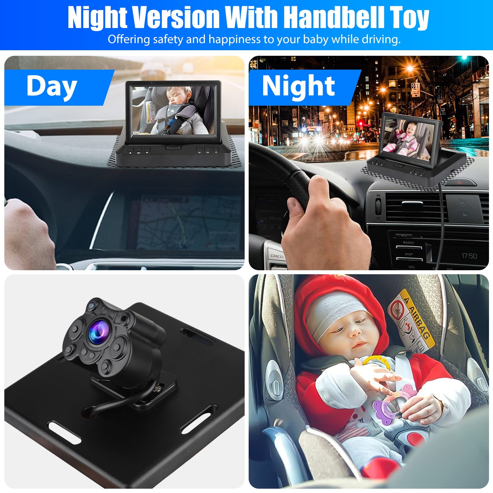 TSV Car Back Seat Camera with 4.3" 720P HD Monitor, Night Vision, 170° Wide-Angle View, 128GB TF Card Supported