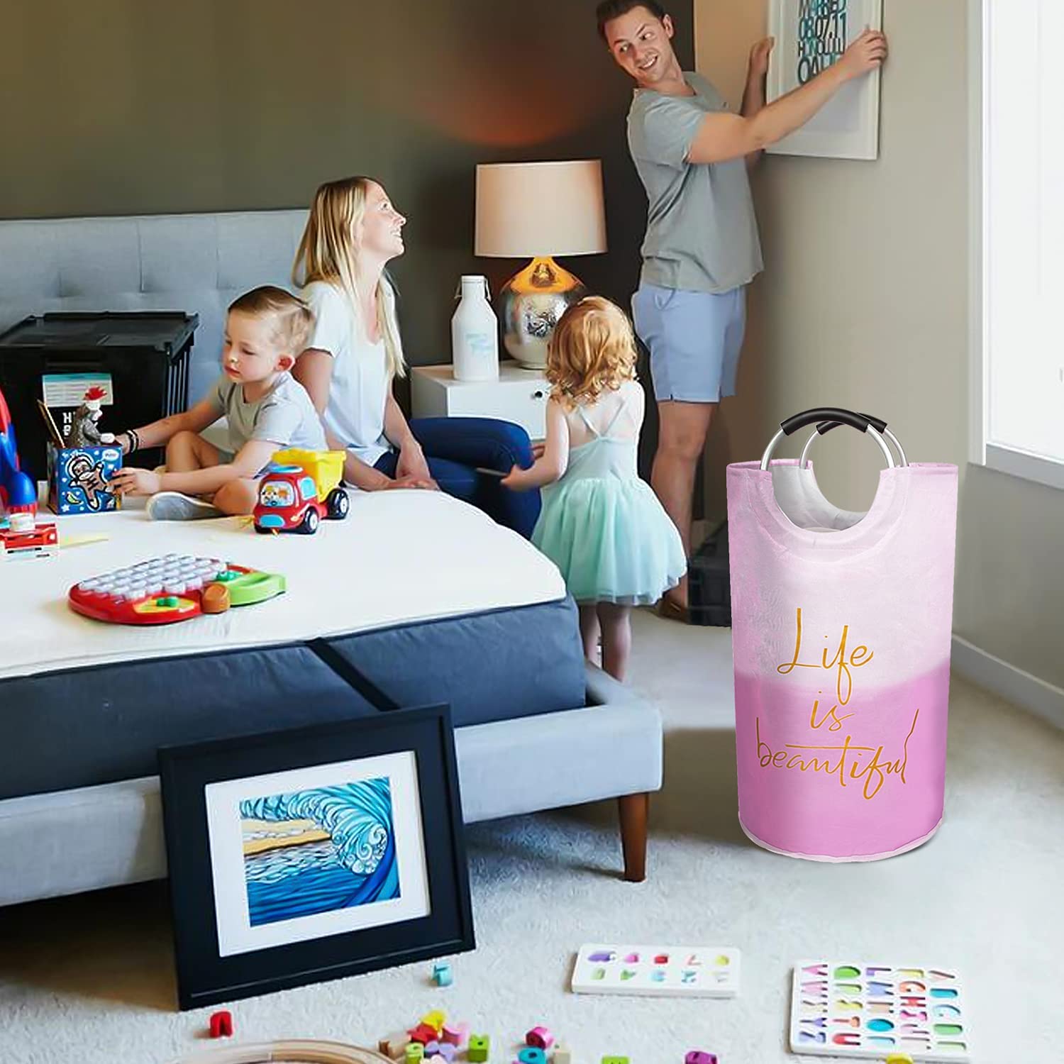 Roiroiko 130L Large Laundry Basket , Collapsible Laundry Bag, Foldable Laundry Hamper, Folding Washing Bin (life pink)