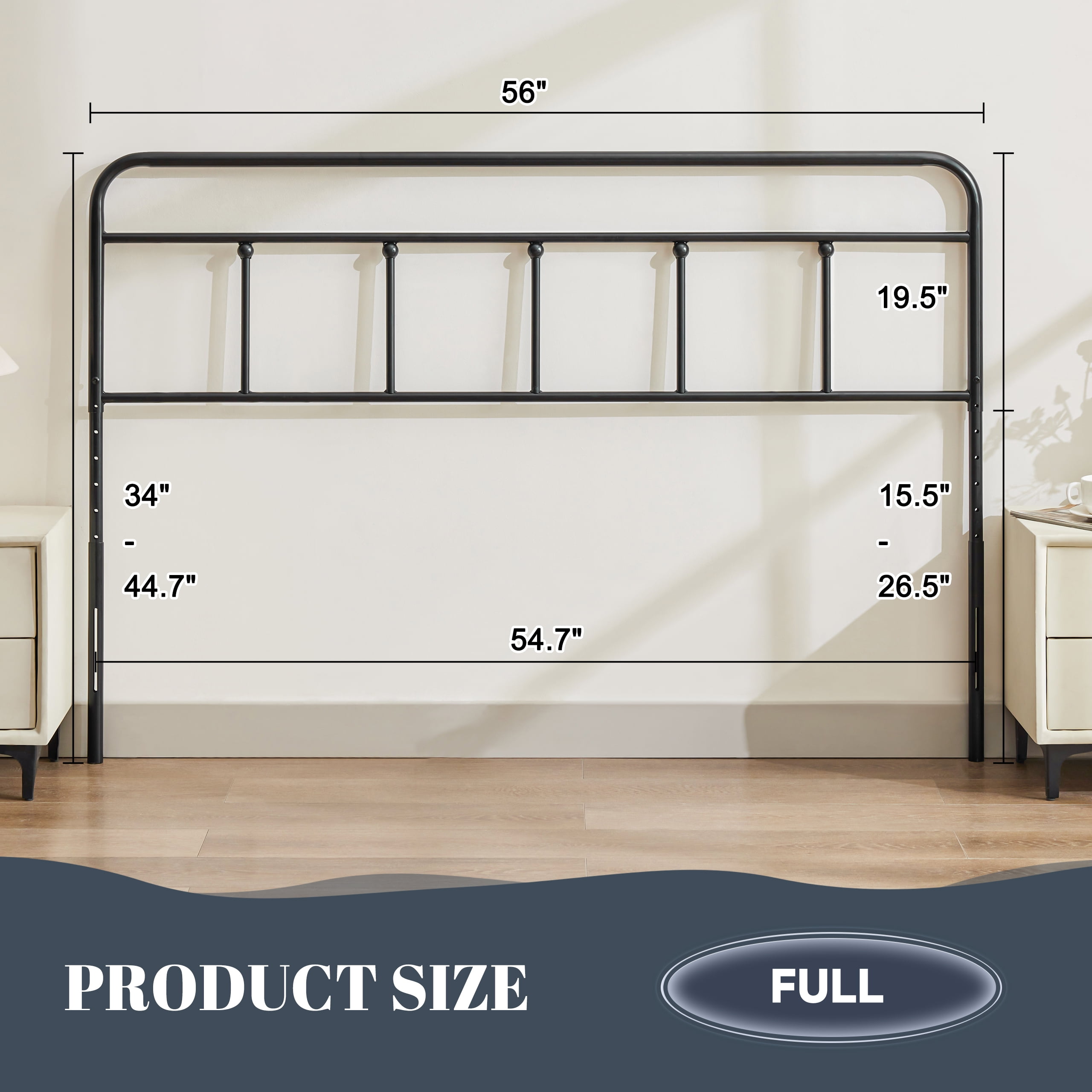 Huatean Full Size Metal Headboard, Iron Head Board Adjustable Height from 34" to 44", Black