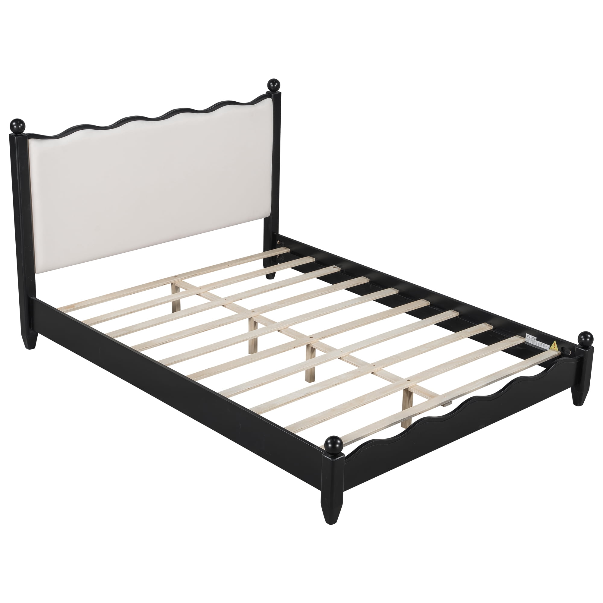 Alvantor Queen Size Wood Platform Bed with Upholstered Headboard, Solid Slat Support, Black + Beige