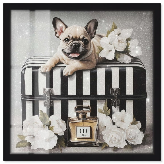 Frenchie Luggage Flowers Shadowbox Print Fashion Art Prints by Art Remedy, Black Frame, 12 x 12