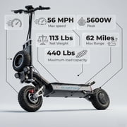 5600W Off-Road Electric Scooter, 56 MPH 62 Miles Range, 60V 30AH Dual Fast Charge, Dual Oil Disc Brakes, LED Lights, Spare Tire, Adult E-Scooter