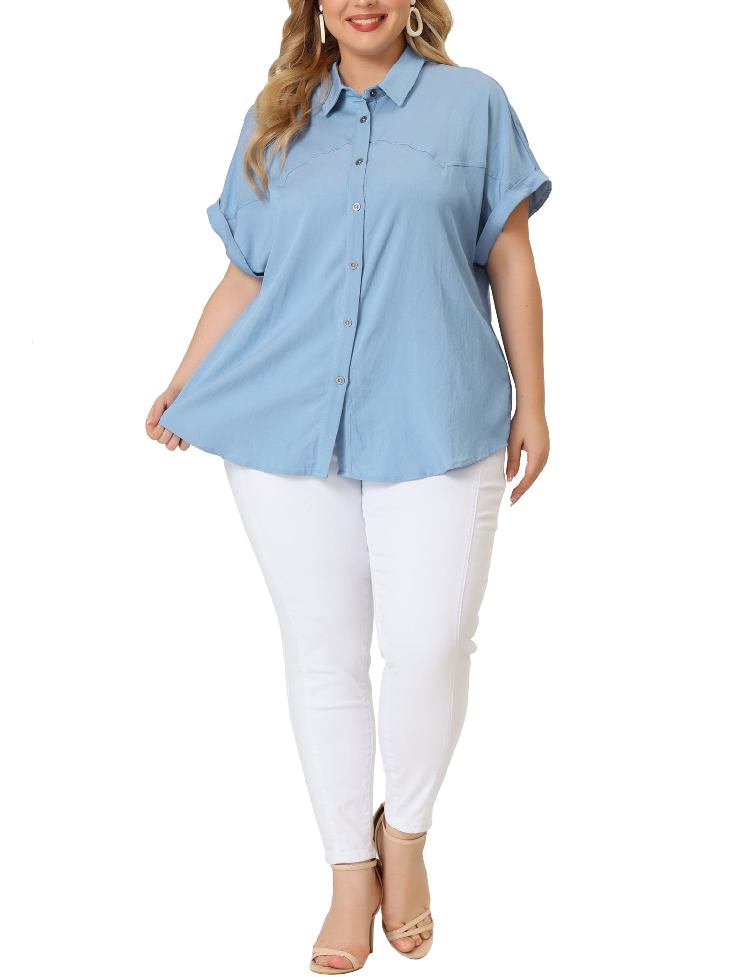 Unique Bargains Women's Plus Size Button Down Chambray Short Sleeve Shirts 1X Blue