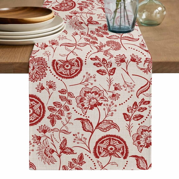 Red Spring Floral Cotton Linen Table Runner for Dining Kitchen, Summer Botanical Farmhouse Wedding Outdoor Party Tablerunners Decoration, Dresser Scarf Coffee Tablecloth Runners 13x70 Inches