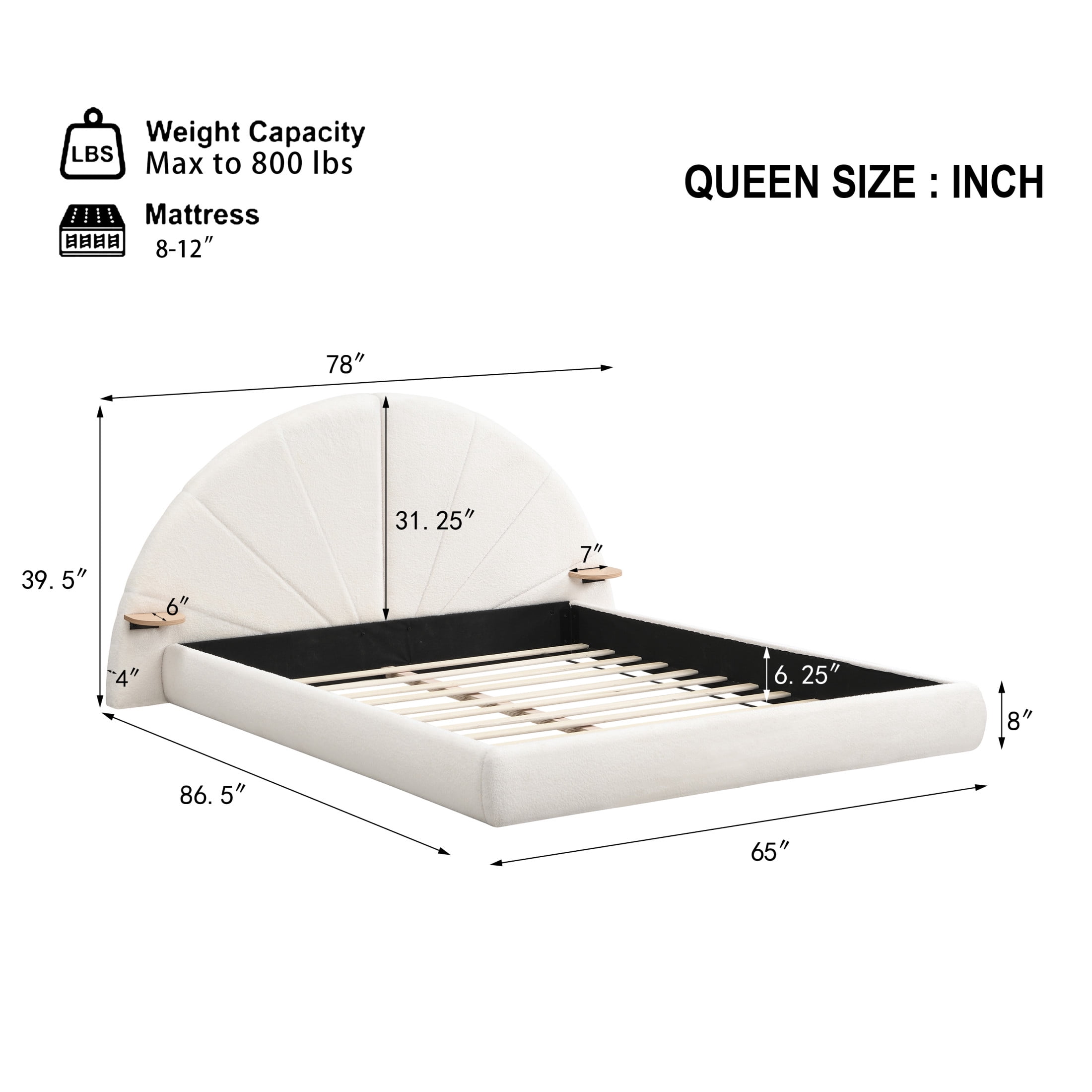 Christopher Knight Home Queen Boucle Upholstered Platform Bed with Arch Headboard, Built-in Side Table, Beige