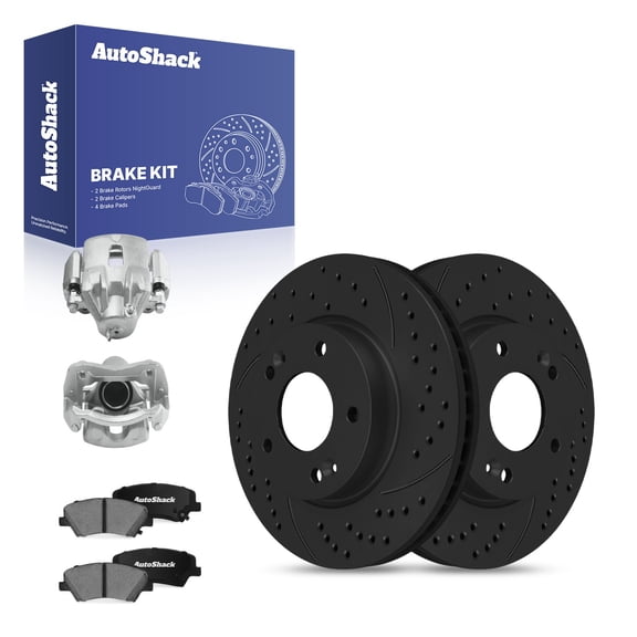 AutoShack Front Brake Rotors, Ceramic Pads & Calipers for Hyundai, Elantra 2011-2016, FWD L4 1.8L 2.0L - E-Coated Drilled & Slotted - Black Finish - NightGuard - 11.02" (280 mm), 5-Lug