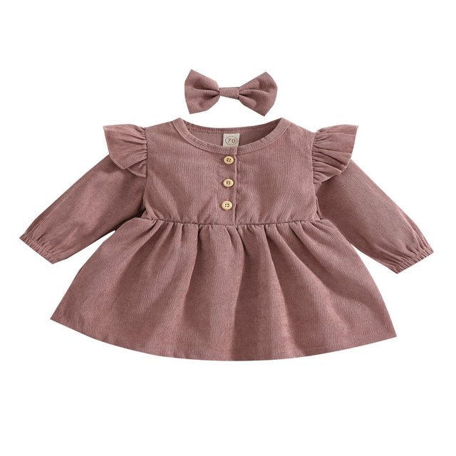 MesaSe Automne Bébé Filles Princesse Robe 2pcs Volant à Manches Longues Bouton Velours Côtelé une Ligne Robe Bandeau Vin Rouge 2-3 Ans