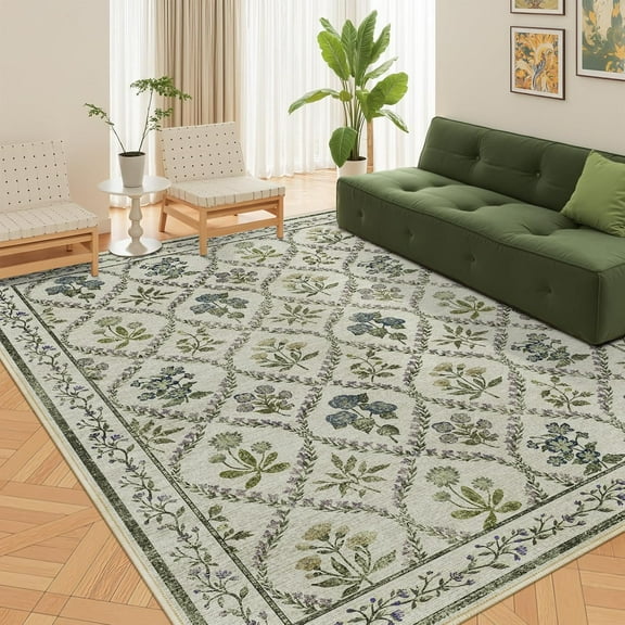 Floral Washable Living Room Rugs, 2x3ft Small Area Rugs for Bedroom Soft Non-Slip Stain Resistant Boho Throw Carpet for Dining Room Office, Ivory Multi
