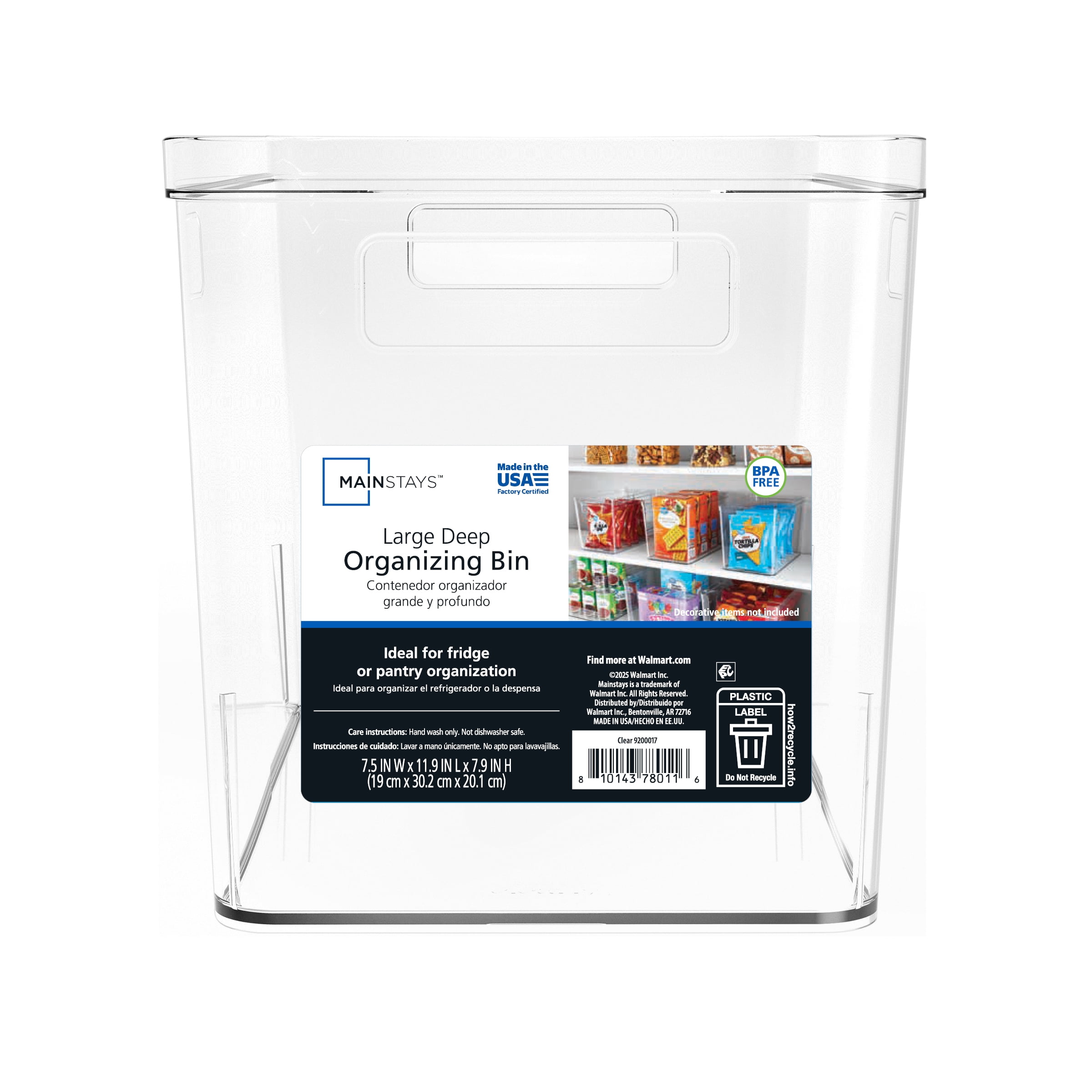Mainstays Large Deep Clear Plastic Pantry Storage Bin Organizer, Kitchen Cabinet, Fridge, Shelf and Countertop Storage Container for Pantry Organization, 12" x 7.5" x 8"
