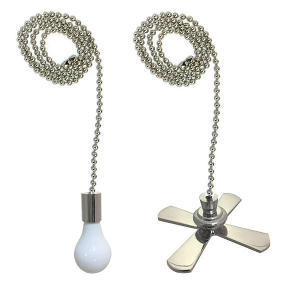 Royal Designs Fan and Light Bulb Shaped Pull Chain Set - Nickel Plated, One Pair
