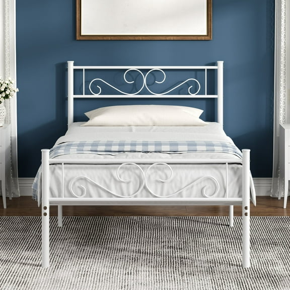 VECELO Twin Size Bed Frame with Headboard, Metal Platform Bed Frame/Mattress Foundation, No Box Spring Needed, Easy Assembly, White