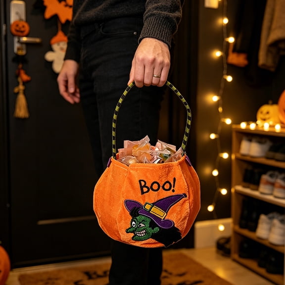 Yyuenw 4 Pcs Velvet Halloween Trick or Treat Bags, Pumpkin Witch Embroidered Handheld Candy Pouch, Reusable Color Block Handle Gift Bag for Party Festival Decor