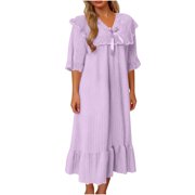 Naittoop Women Victorian Nightgowns Plus Size Short Sleeve Lace Patchwork V Neck Ruffled Sleepdress Cute Solid Loungewear