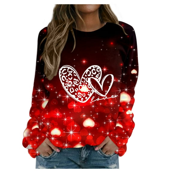 Babysbule Womens Hoodless Sweatshirt Women's Valentine's Day Fashion Printed Loose Long Sleeve Blouse Round Neck Casual Pullover Tops Sweatershirt