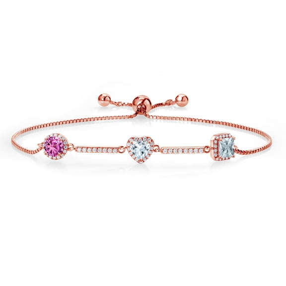 Gem Stone King 1.47 Ct Pink Created Sapphire Sky Blue Aquamarine 18K Rose Gold Plated Silver Bracelet for Women