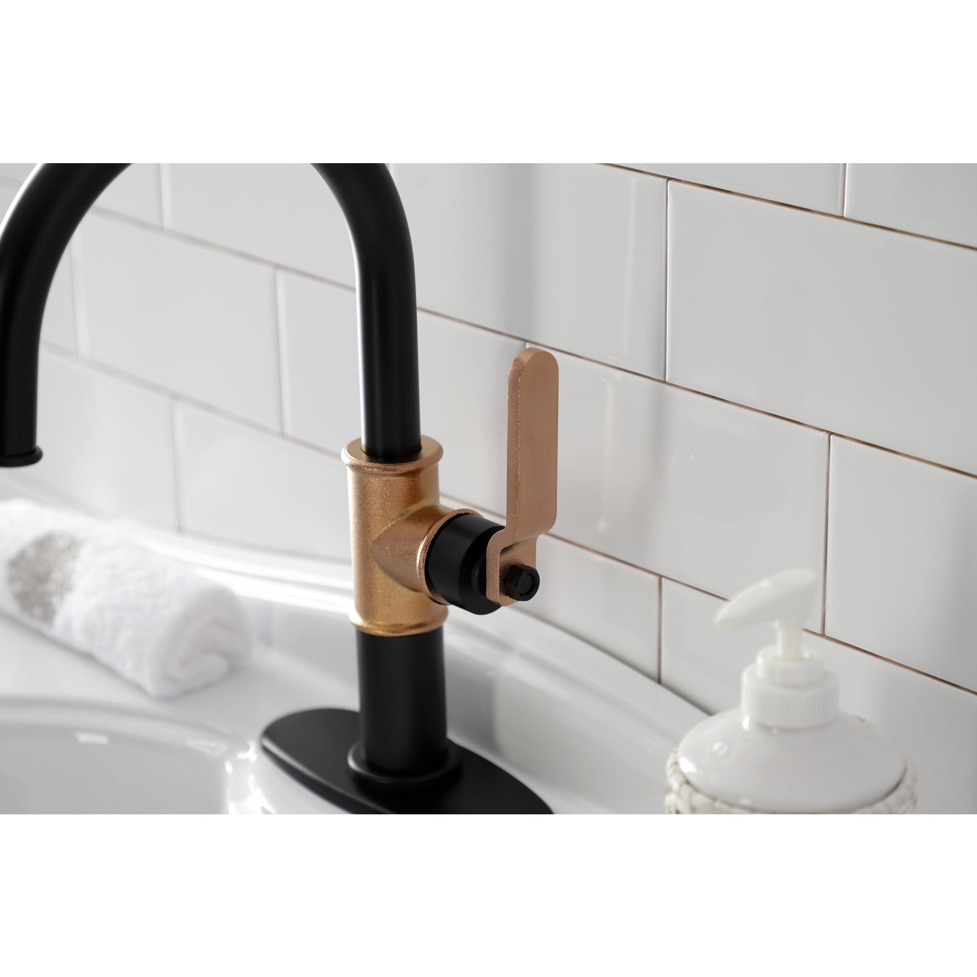 Kingston Brass KSD2237KL Whitaker One-Handle Single-Hole Bathroom Faucet with Deck Plate and Push Pop-Up Drain, Matte Black/Rose Gold