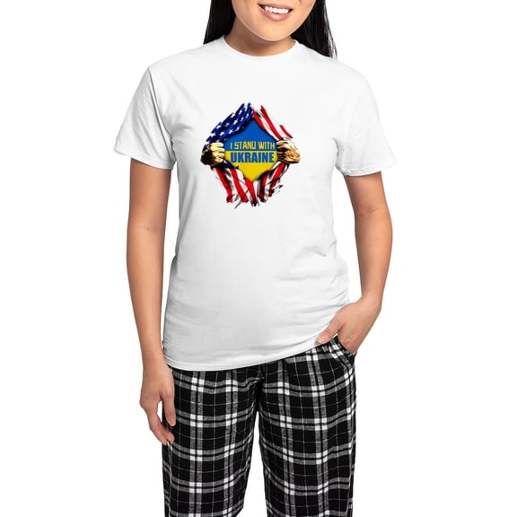 CafePress - I Stand With Ukraine Support Ukraine Flag Pajamas - Women's Short Sleeve Print T-Shirt and Pants Light Cotton Pajama Set