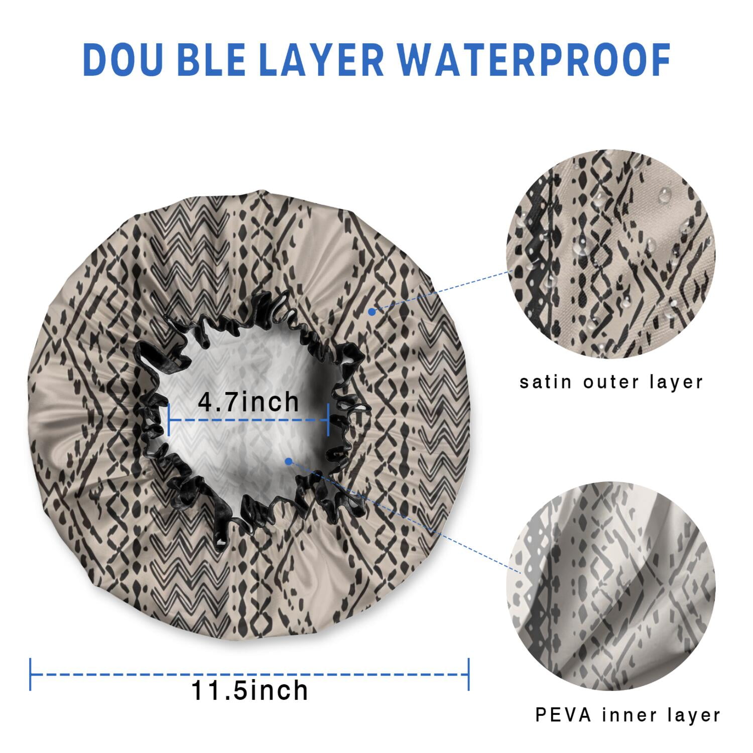 Shower Caps,Boho Black and White Ethnic Pattern Waterproof Shower Cap for Women 4 Pieces,Double Reusable Hair Cover for Shower PEVA Elastic Stretch Hem