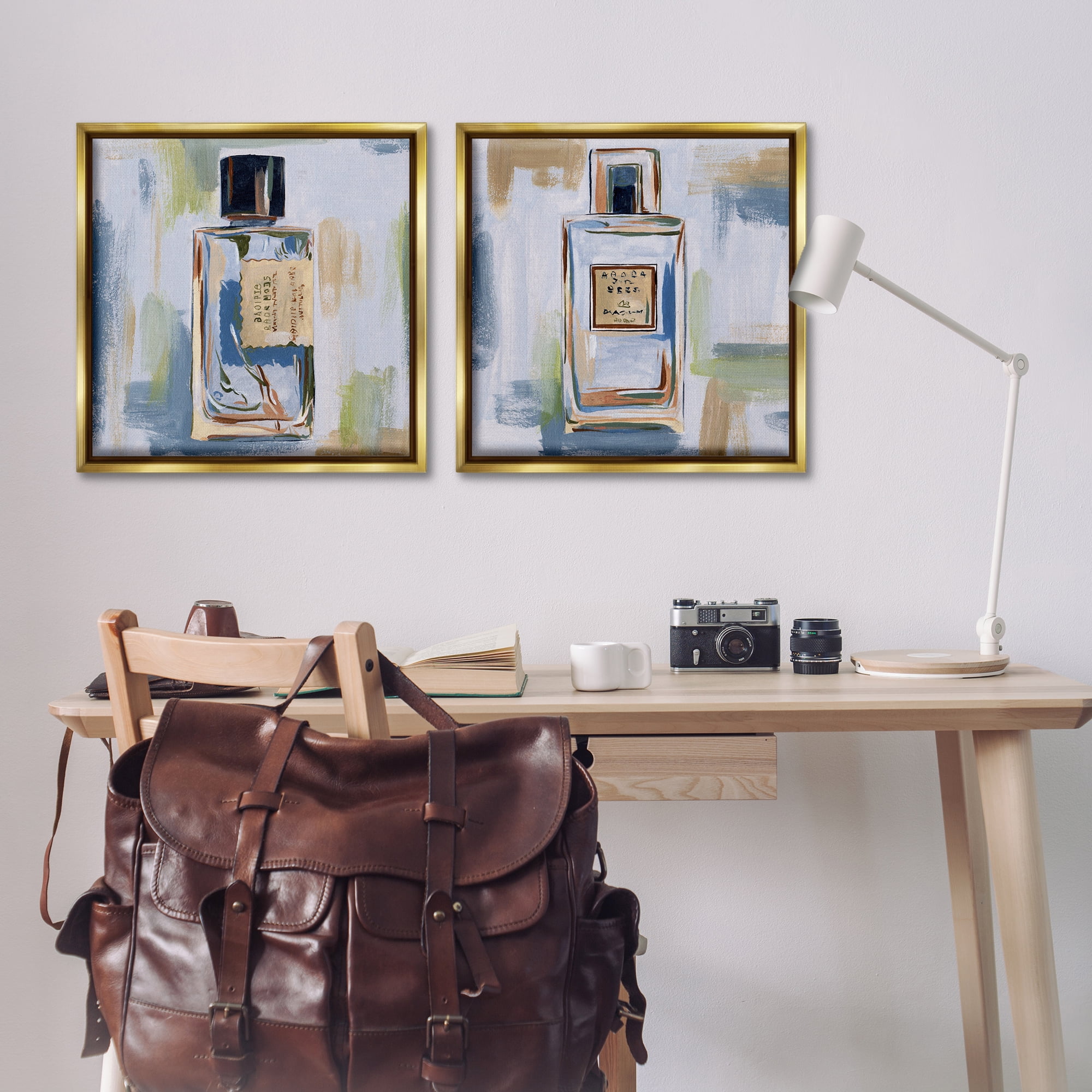 Stupell Industries Abstract Cologne Perfume Bottle Fashion Painting Gold Floater Framed Canvas Art Print Wall Art, 25 x 25, Set of 2