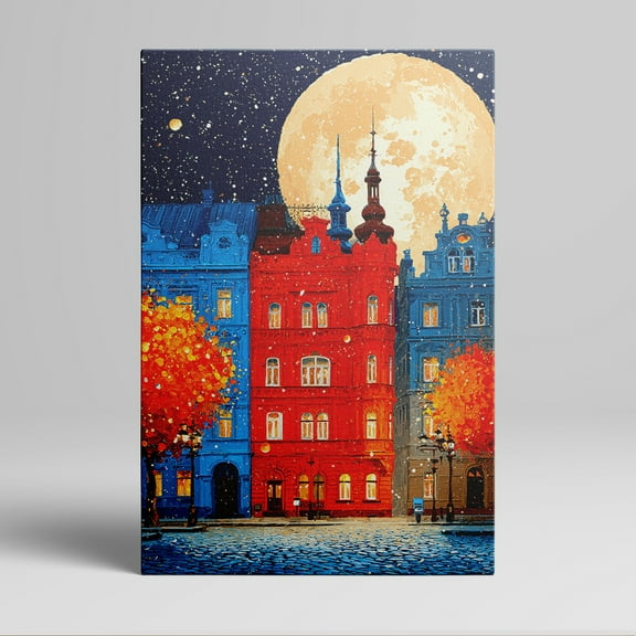 1pc Colorful European - style Buildings under a Full Moon Canvas Wall Art, framed Decor room hanging Wall Picture Decor for Home Gifts, living room, bathroom, bedroom, kitchen wall art decor canvas