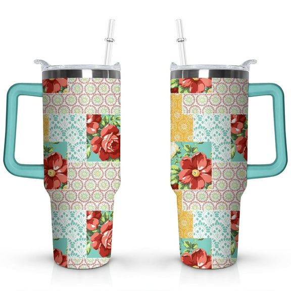 40oz Pioneer Patchwork Tumbler with Handle Lid and Straw,Bohemian Style Stitching Colorful Floral Vintage Tumblers Gifts for Women Girls Men Adults（Greenish-blue）