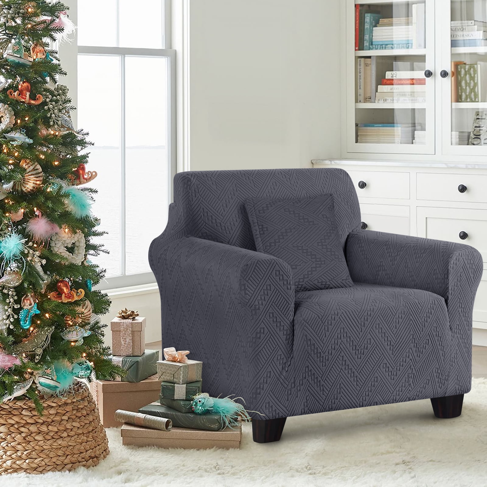 Timeles 1 Piece Stretch Sofa Slipcover Non Slip Armchair Cover Soft Jacquard Couch Cover Washable Furniture Protector with 1 Throw Pillow Cover (1 Seater, Dark Gray)