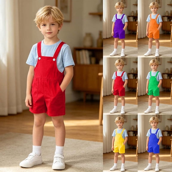 VeFlora Boys Overalls Summer Outfits Adjustable Strap Long Pants Casual Sleeveless Rompers Jumpsuits with Pockets(Red/4-5 Years)