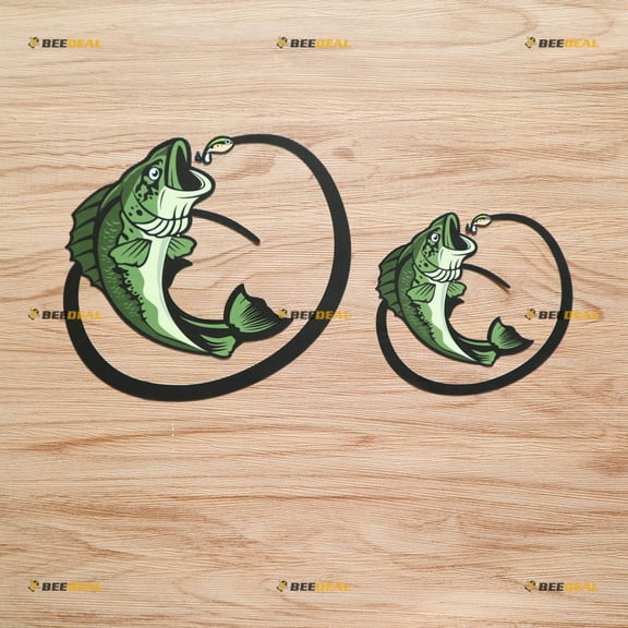 Bass Fish Fishing Hook Circle Green Sticker Decal Vinyl - 2 Pack Glossy, 4 Inches, 6 Inches - for Car Boat Laptop Cup