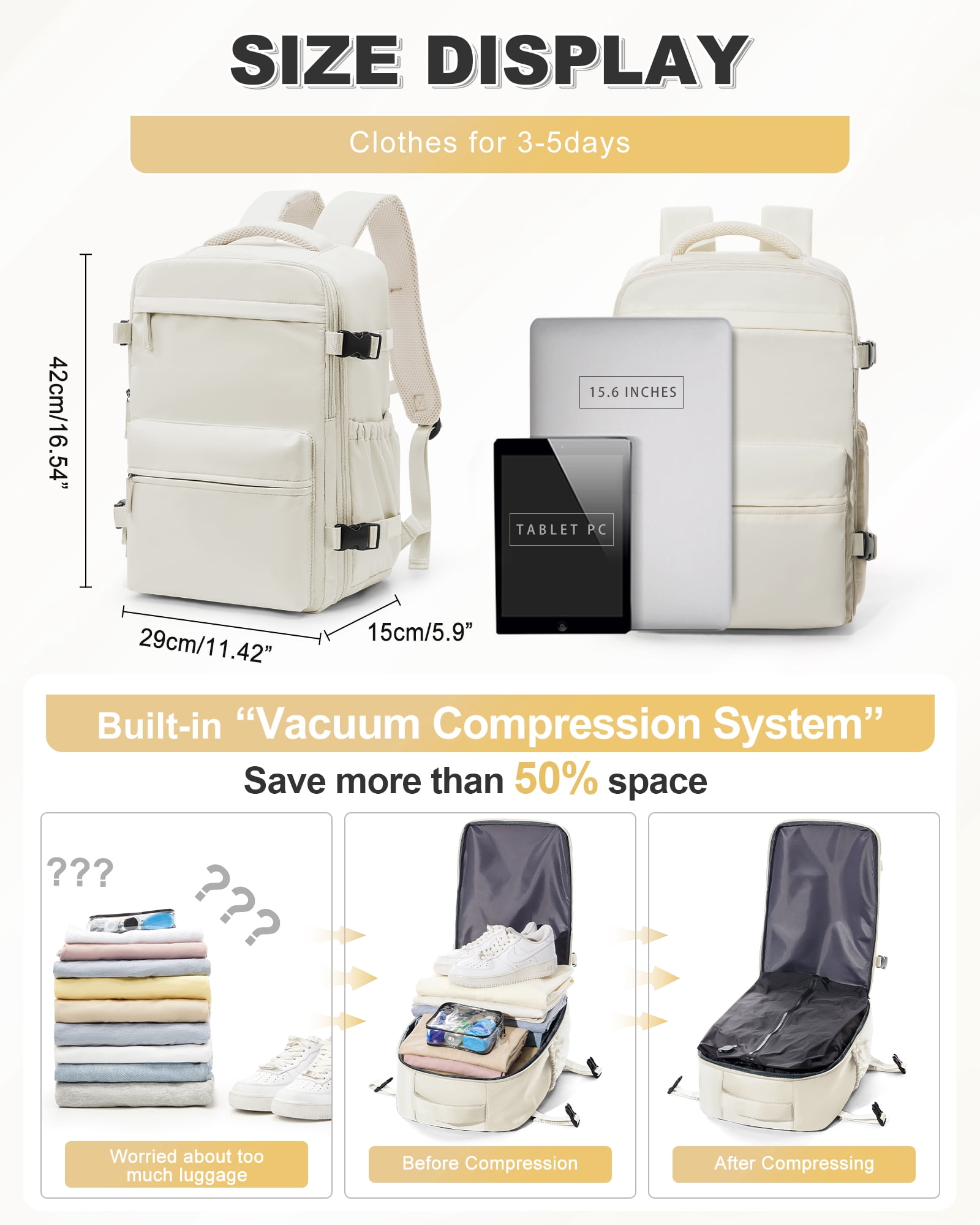 Travel Vacuum Backpack with Air Pump, Vacuum Seal Carry on Backpack for Airplanes, Vacuum Back Pack for Travel Backpack with Vacuum Compression Business Day Vacpack Backpack for Women Men Beige