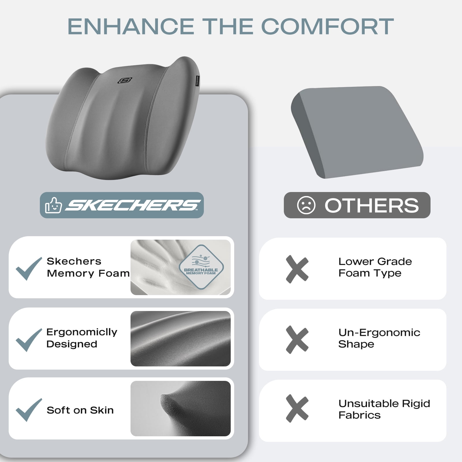 Skechers Memory Foam Car Seat Cushion, Comfortable Support for Long Drives, Universal Fit for Cars and SUVs Gray