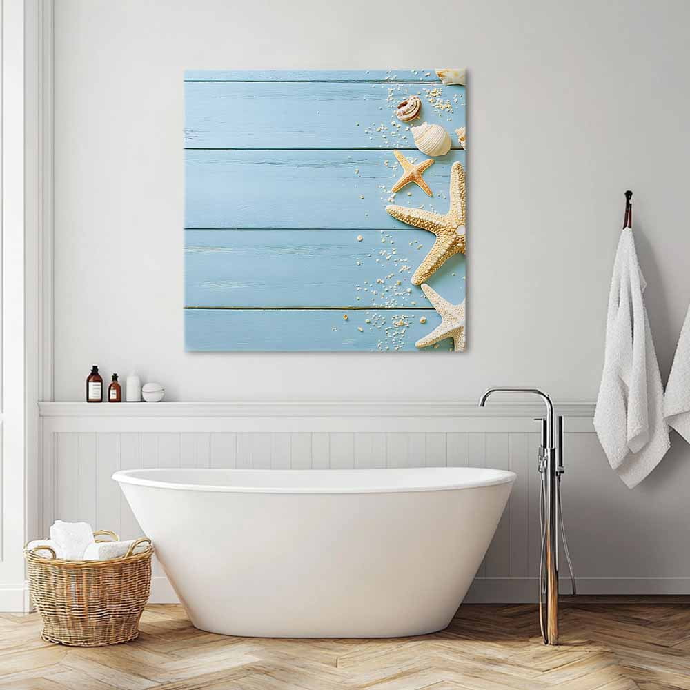 Beach Light Blue Canvas Wall Art, Rustic Ocean Starfish Seashell Wooden Framed Wall Decor Modern Artwork Prints Painting for Living Room, Bedroom, Kitchen & Cafe Decor 16x16 Inch