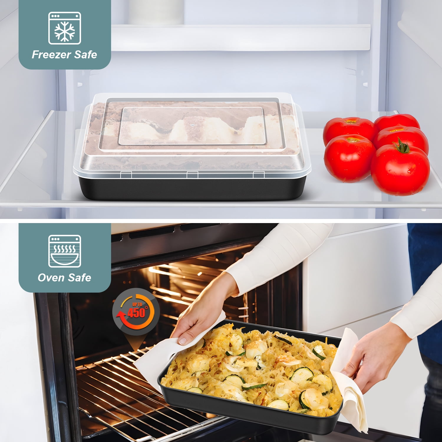 Vesteel Nonstick Baking Pan with Lid, Stainless Steel Rectangle Sheet Cake Pans with Covers, Non-toxic Bakeware Set for Casseroles Brownies Cakes, 2 Pans + 2 Lids, 10.5 x 8.3 x 2 Inch
