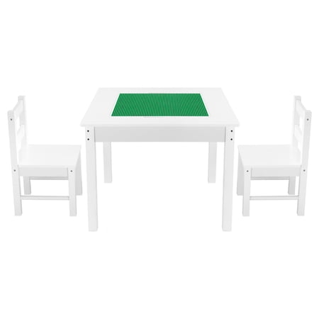 KFFKFF Kids Activity Table and 2 Chairs Set Double-Sided Building Block Tabletop Toddler Table and Chair Set with Storage Compartments for Ages 3+ Spacious Design Gift for Boys and Girls White
