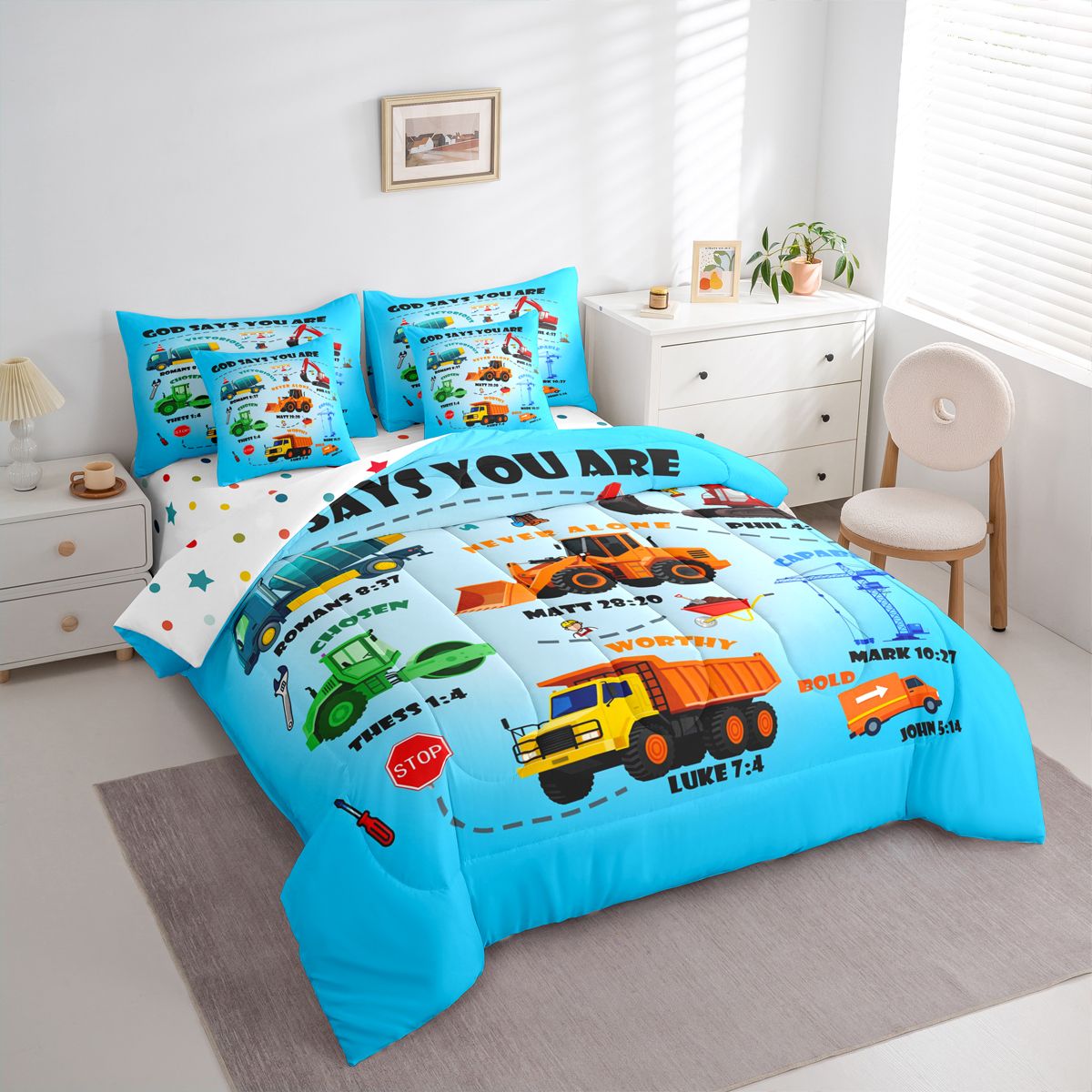 Manfei Construction Truck 7-Piece Twin Bedding Sets,Excavator Bedding Comforter Set,Equipment Vehicles Bulldozer Sheet Sets For Boys Teens,Microfiber Bedroom Decor Reversible