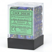 Chessex Manufacturing 26836 D6 Cube Gemini Set Of 36 Dice 12 mm - Blue & Green With Gold Numbering