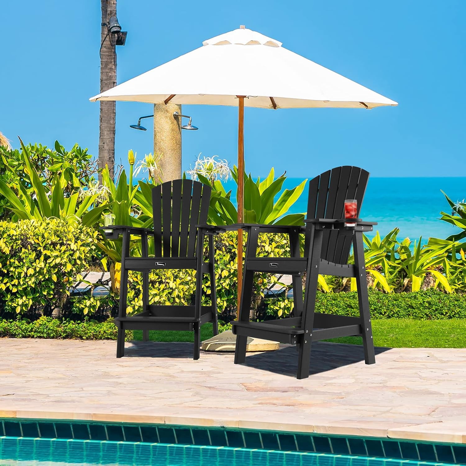 FUNBERRY Tall Adirondack Chairs Set of 2 with Removable Connecting Table, All Weather High Top Balcony Chair with Cup Holders