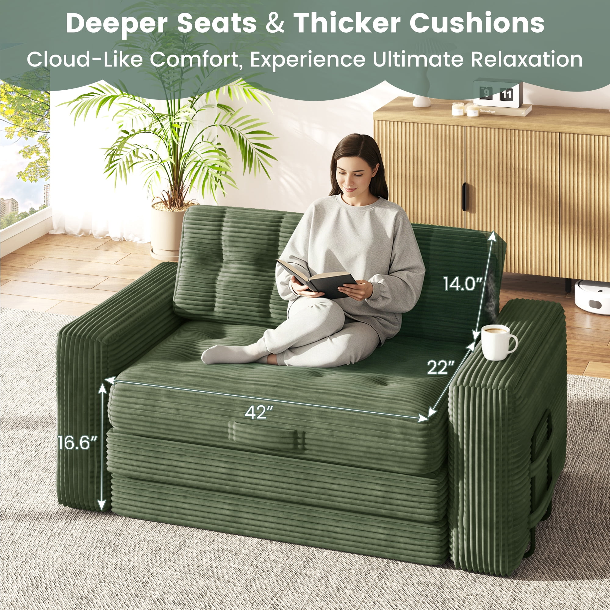 Erinnyees 2-in-1 Sleeper Sofa, No Assembly Corduroy Loveseat, Converts to Bed with Deep Seat & 2 Included Pillows