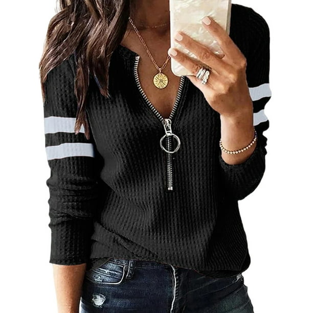 Camisetas de manga larga para mujer con cuello en V y cremallera, blusa tipo túnica de punto tipo gofre