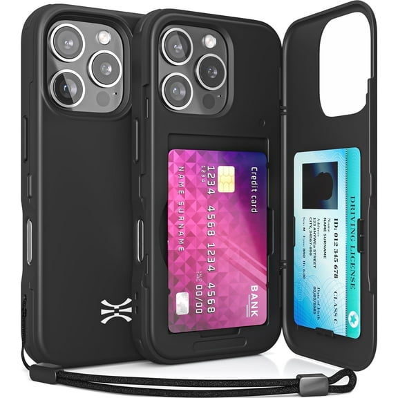TORU CX SLIM for iPhone 16 Pro Case Wallet | Protective Shockproof Heavy Duty Cover with Hidden Card Holder & Card Slot | Mirror & Wrist Strap Included - Black