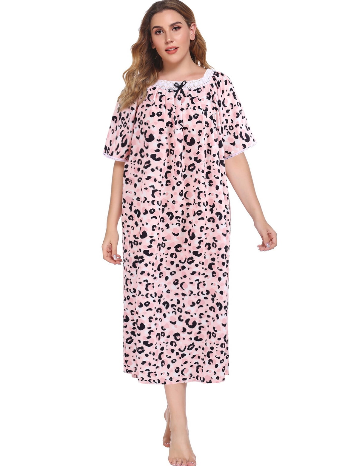 Women's Plus Size Nightgown Floral Print Long Sleepshirt Short Sleeve ...