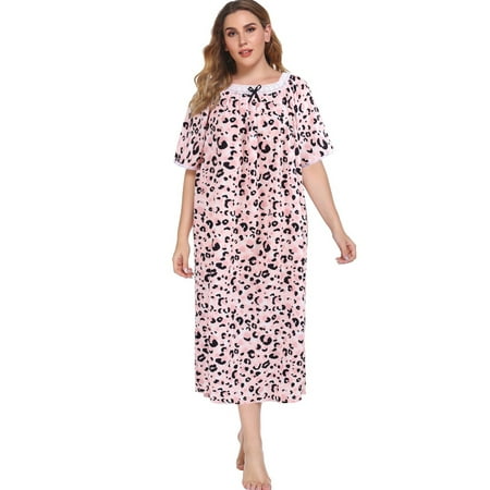 

Women s Plus Size Nightgown Floral Print Long Sleepshirt Short Sleeve Square Neck Nightdress Comfy Lace Neckline Oversized Pajama Dress Leopard XL-5XL