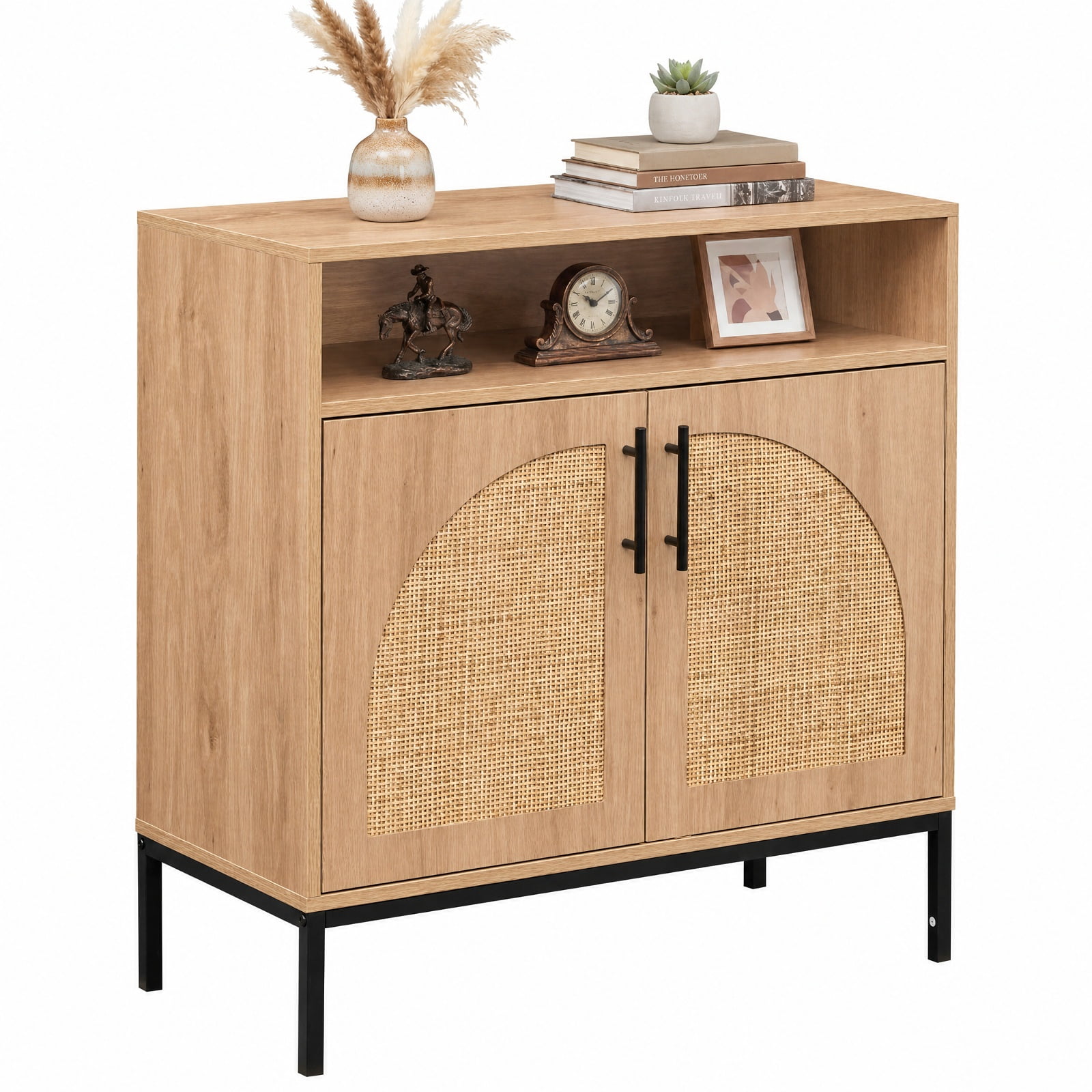 Furnibear 32" Sideboard Buffet Cabinet with 2 Natural Rattan Decorated Doors and Adjustable Shelf for Kitchen Dining Living Room Buffet, Natural